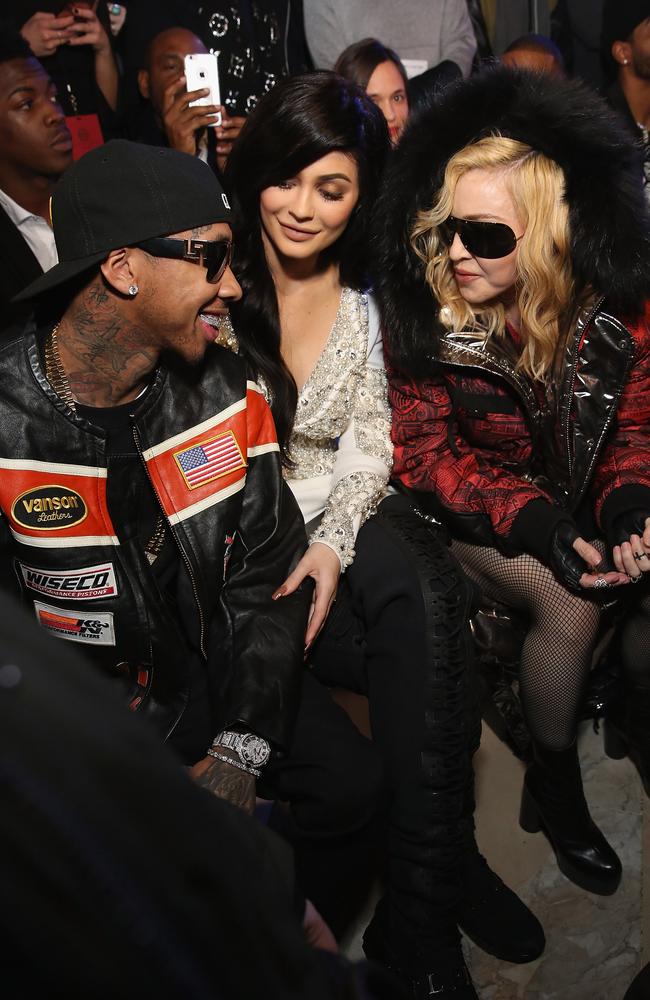 Tyga, Kylie Jenner, and Madonna attend the Philipp Plein collection during, New York Fashion Week: The Shows at New York Public Library on February 13, 2017 in New York City. Picture: Getty