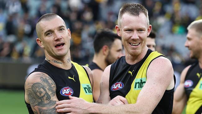 Two all-time Tiger greats Dustin Martin and Jack Riewoldt. Picture: Michael Klein