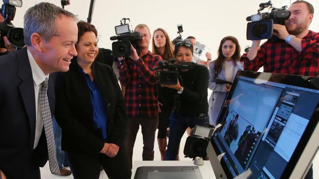 Opposition Leader Bill Shorten and Greenway federal Labor MP Michelle Rowland check out The Good Egg Studio. Picture Kym Smith