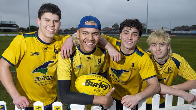 Woodville-West Torrens players Harry Carroll, Byron Pickett Jnr, Dylan Letts and Kane Pentland ahead of their SANFL U17 Futures match against South Adelaide, which was live streamed by KommunityTV. Picture: Mark Brake