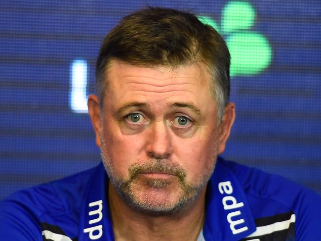 TOWNSVILLE, AUSTRALIA - APRIL 14:  Bulldogs coach Dean Pay looks on at the post match media conference at the end of during the round six NRL match between the North Queensland Cowboys and the Canterbury Bulldogs at 1300SMILES Stadium on April 14, 2018 in Townsville, Australia.  (Photo by Ian Hitchcock/Getty Images)