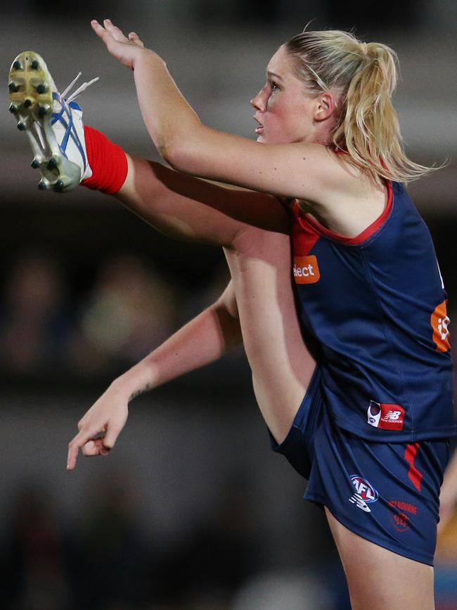 Tayla Harris’s gravity-defying kick. (Pic: Michael Klein)