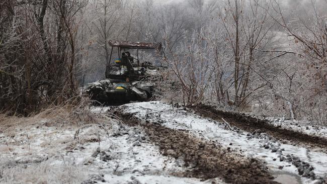 Ukrainian tank crews take part in a drill not far from the front line in Bakhmut. Picture: AFP