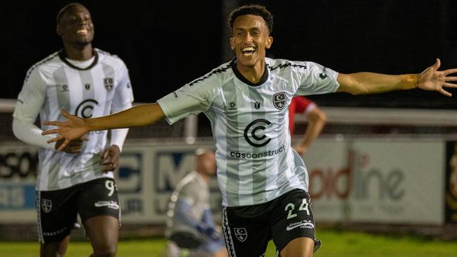 Aamir Abdullah celebrates a goal for Hume City. Picture: Hume City FC