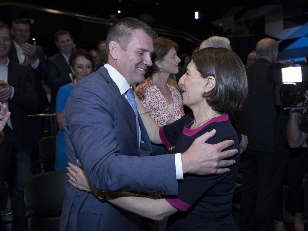 Gladys Berejiklian greets former premier Mike Baird at the Liberal Party Launch in 2018. Picture: Chris Pavlich/The Australian