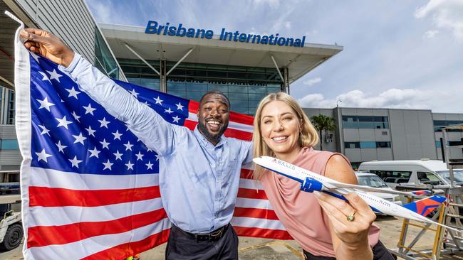 Emmanuel Matthews and Stacey Pollard from Brisbane Airport at the announcement of Delta Air Lines’ new Brisbane flights. Picture: Richard Walker