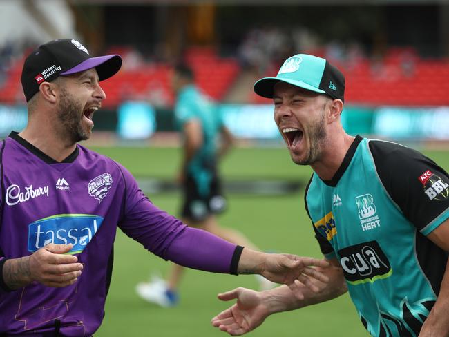 Matthew Wade of the Hurricanes and Chris Lynn of the Heat before the Brisbane Heat v Hobart Hurricanes Big Bash League Match at Metricon Stadium, Gold Coast. Picture: CHRIS HYDE/GETTY IMAGES