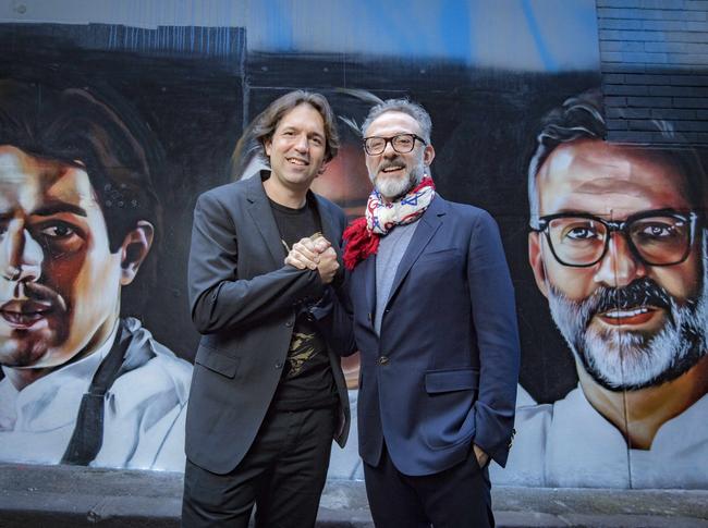 World's 50 Best Restaurants Aussie hopeful Attica chef Ben Shewry with 2016 World number one Massimo Bottura. Picture: Jason Edwards