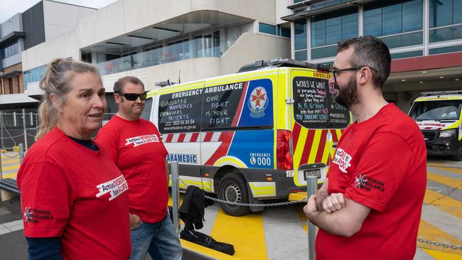 Ambulance Union delegates at the emergency bay at Geelong Hospital. Paramedics Debra Baumgartner, Scot Kerr and Sam Williams. Picture: Brad Fleet