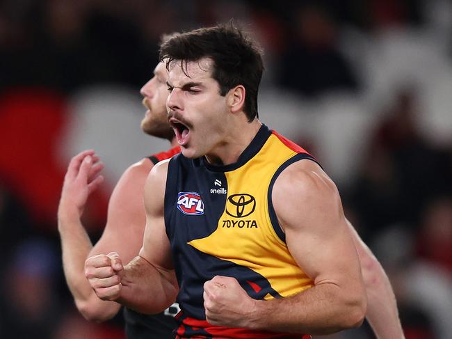 Crows star Darcy Fogarty celebrates one of his four goals. Picture: Mark Stewart