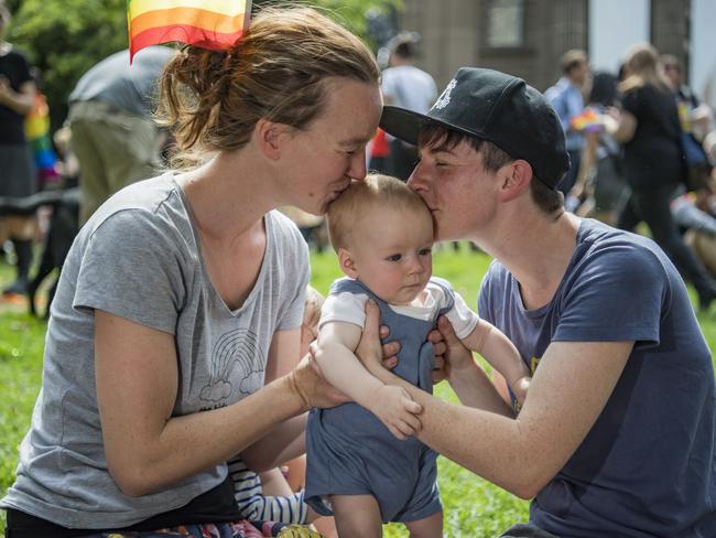 Melbourne: Family Kerry Ford, Hollie Kerwin and their baby 5 mth old Rory Kerwin-Ford celebrate. Picture: Jason Edwards