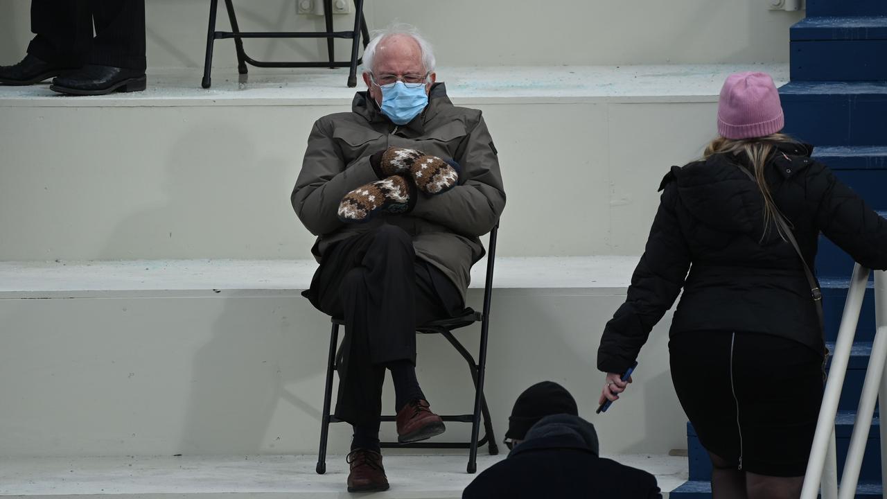 Former presidential candidate, Senator Bernie Sanders, sits in the bleachers on Capitol Hill before Joe Biden’s inauguration. Picture: AFP