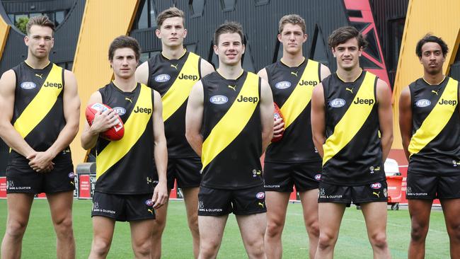 Noah Balta (left) poses with Richmond’s other AFL draftees. Picture: David Crosling.