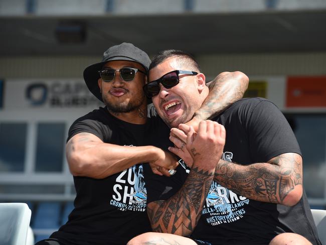 Cronulla Sharks Ben Barba and Andrew Fifita at Sharks’ grand final fan day. (AAP Image/Mick Tsikas)