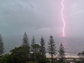 Lightning seen off Mooloolaba on Saturday. Picture: Supplied