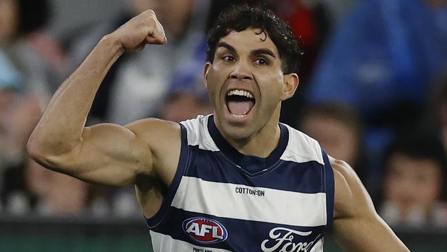 MELBOURNE, AUSTRALIAÃ June 29 , 2024.  AFL Round 16. Geelong vs Essendon at the MCG.   Tyson Stengle of the Cats celebrates a 3rd quarter goal    . Pic: Michael Klein