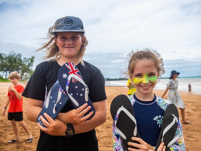 Patrons celebrate Australia Day at Darwin's Trailer Boat Club, Fannie Bay.Thong Toss winners Jack Best and Evangelina Royanne. Picture: Che Chorley