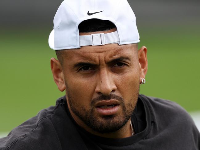 LONDON, ENGLAND - JULY 02: Nick Kyrgios of Australia looks on during a practice session ahead of The Championships - Wimbledon 2023 at All England Lawn Tennis and Croquet Club on July 02, 2023 in London, England. (Photo by Patrick Smith/Getty Images)