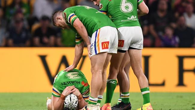 Jarrod Croker was struck down by a shoulder injury in Canberra’s clash with Melbourne. Picture: Scott Davis/NRL Photos