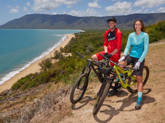 16-11-18 - Brad Jones with Steph Garner with their bikes at Flagstaff Hill Lookout. For story on the  Wangetti Trail, a proposed 76 kilometre dual use track in North Queensland stretching along the coastal plains and mountain hinterland between Palm Cove in the South and Port Douglas in the North. Picture by Romy Bullerjahn