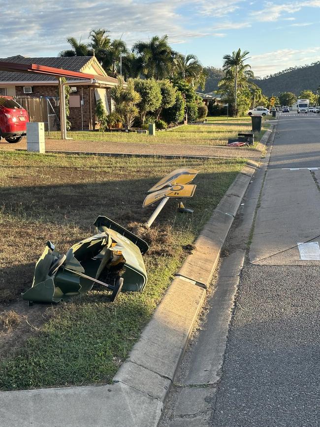 Signage and bins destroyed on Lomond St, Kirwan. Picture: Supplied.