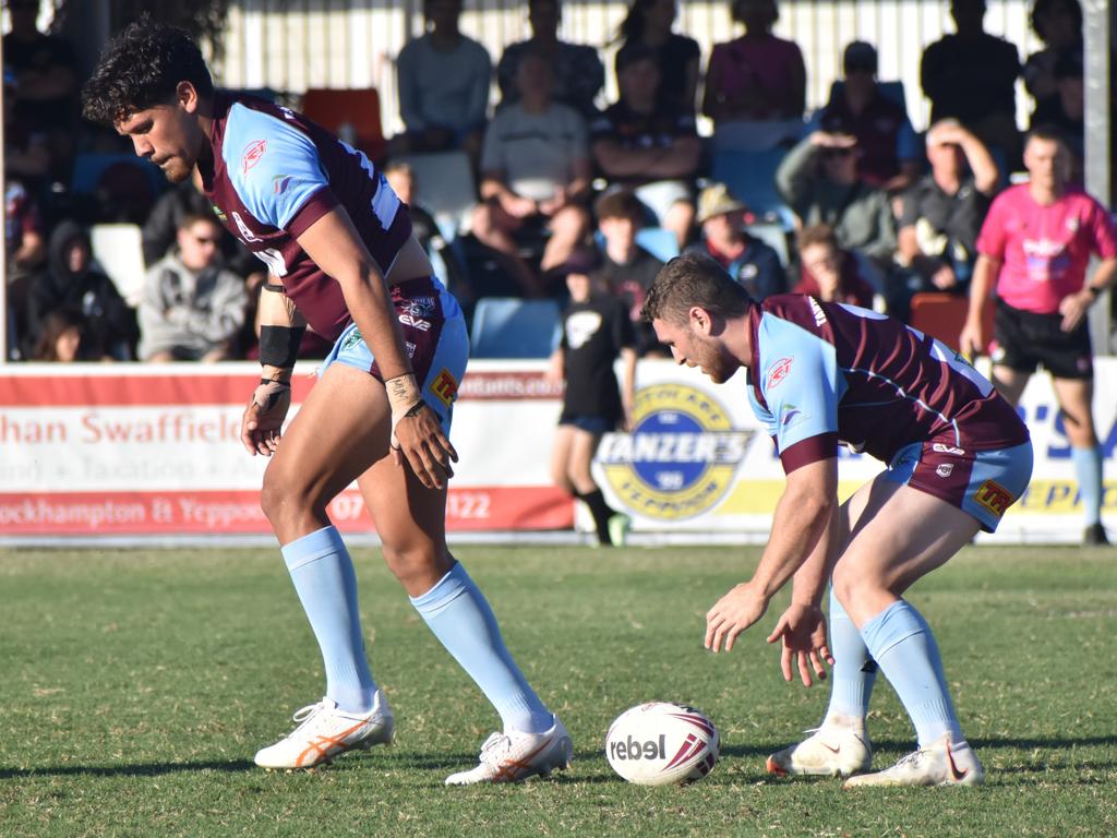 CQ Capras players Larson Dale-Doyle and Trey Brown in the team's 18-14 win over Souths Logan.