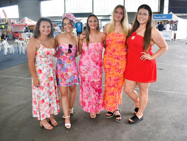 From left to right: Teagan Davies, Courtney Harvey, Felicia Doherty, Jaymee Eastwood and Paige Donnelly enjoying all the action at the Ladbrokes Cranbourne Cup on Saturday, November 23, 2024. Picture: Jack Colantuono