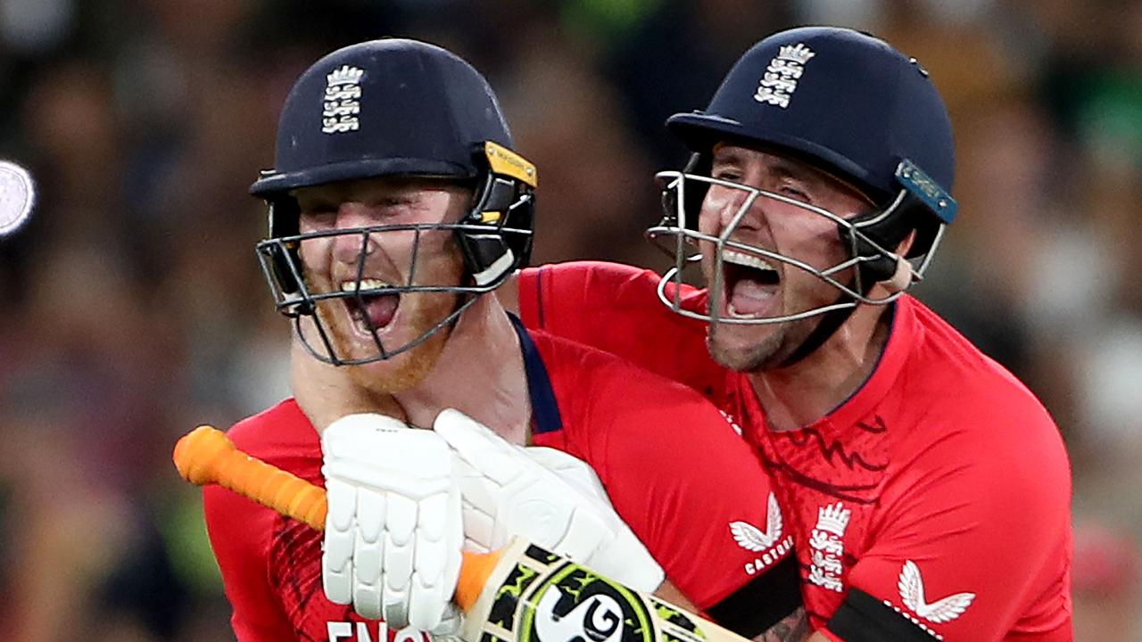 England's Ben Stokes (L) and Liam Livingstone celebrate.