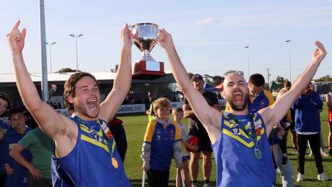 Irymple’s Dan Coglin and Tom Brownbridge celebrate the win over Robinvale-Euston in the Sunraysia league grand final. Picture: Glenn Milne.