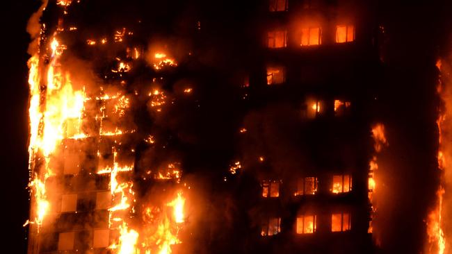 Clad in disaster: Flames engulf the 27-storey Grenfell Tower in London on June 12, 2017. The building had combustible panels with the PE material in it.