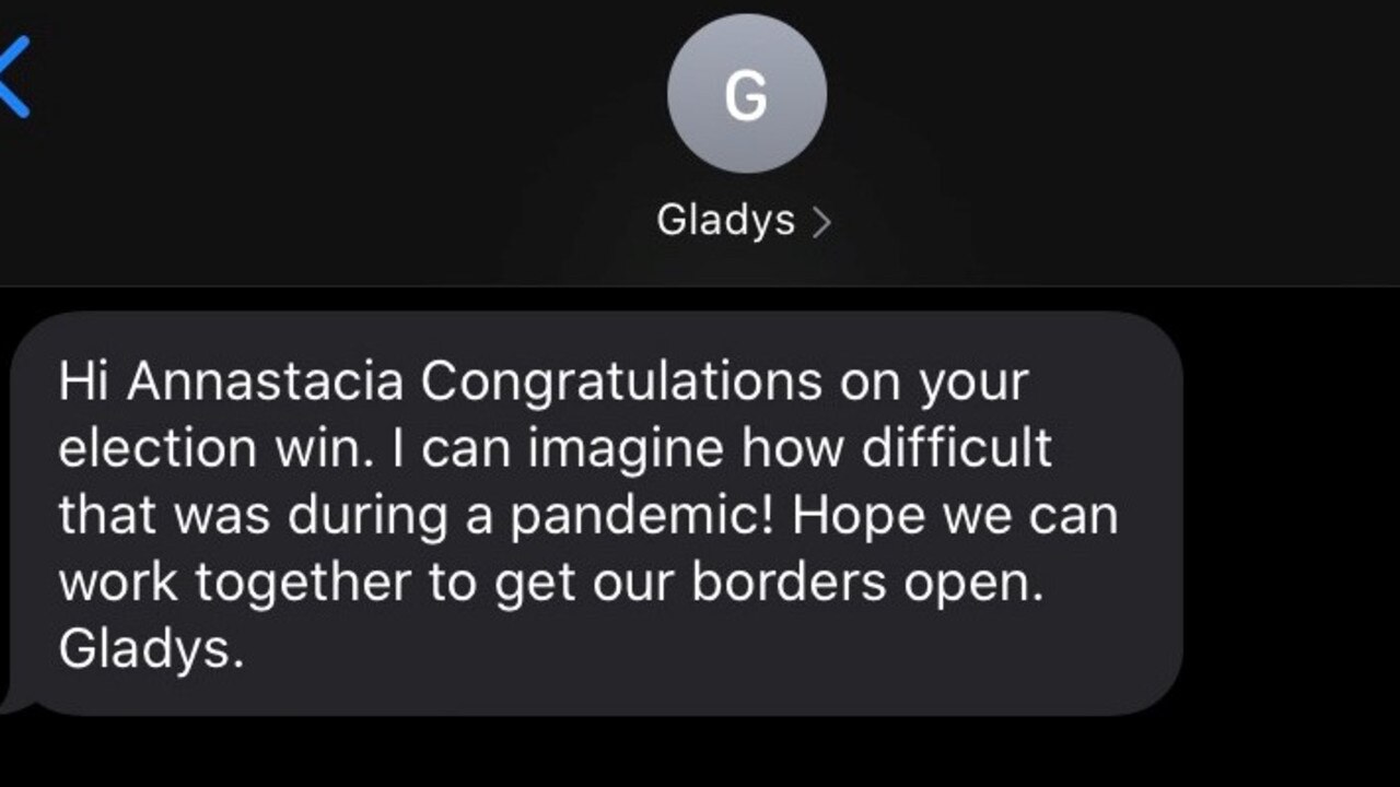 A recreation of the text message NSW Premier Gladys Berejiklian sent to Queensland Premier Palaszczuk after her election win.