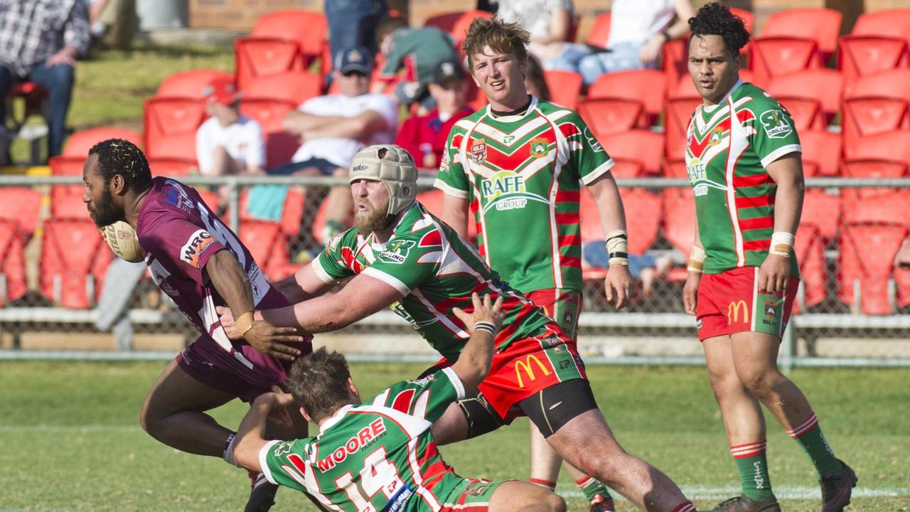 Alexander Ambia, Dalby tackled by Daniel Pirie-Thomas, Pittsworth. TRL Grand Final, Dalby vs Pittsworth. Sunday, 3rd, Sep, 2017.