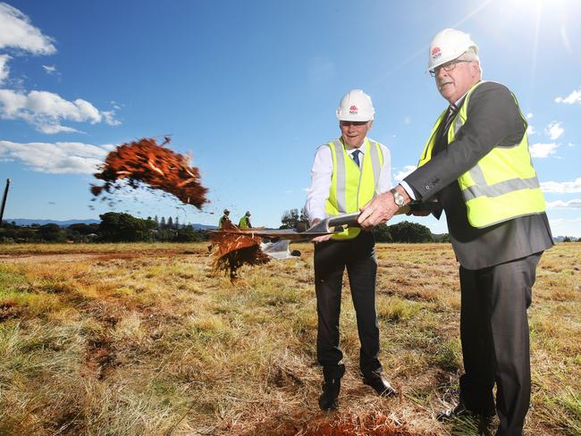 NSW Health Minister Brad Hazzard with Tweed MP Geoff Provest at the sod-turning at the new Tweed Valley Hospital site at Cudgen. Picture: Scott Powick