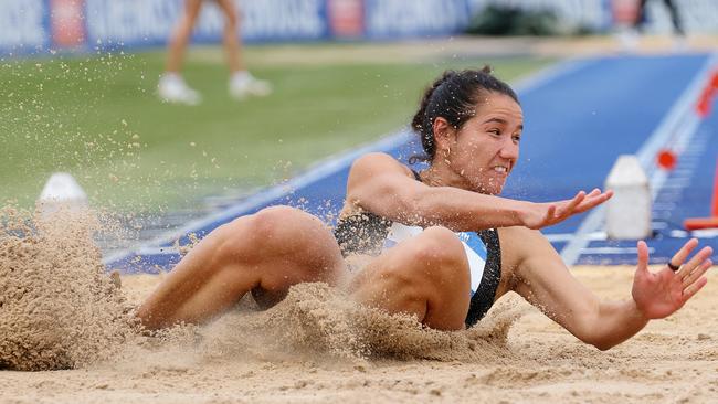 Women's Heptathlon Tori West of Queensland competing in the Long Jump during the 2024 Australian Athletics Championships at SA Athletics Stadium on April 12, 2024 in Adelaide, Australia. (Photo by Sarah Reed/Getty Images)