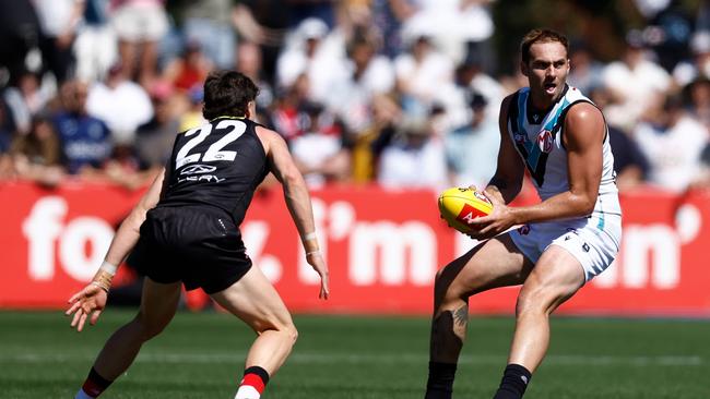 MELBOURNE, AUSTRALIA - MARCH 01: Jeremy Finlayson of the Power in action during the 2025 AFL AAMI Community Series match between the St Kilda Saints and the Port Adelaide Power at RSEA Park on March 1, 2025 in Melbourne, Australia. (Photo by Michael Willson/AFL Photos via Getty Images)