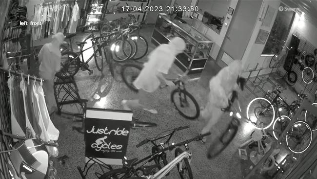 The moment four individuals allegedly robbed a Lismore bike shop on April 17, 2023.