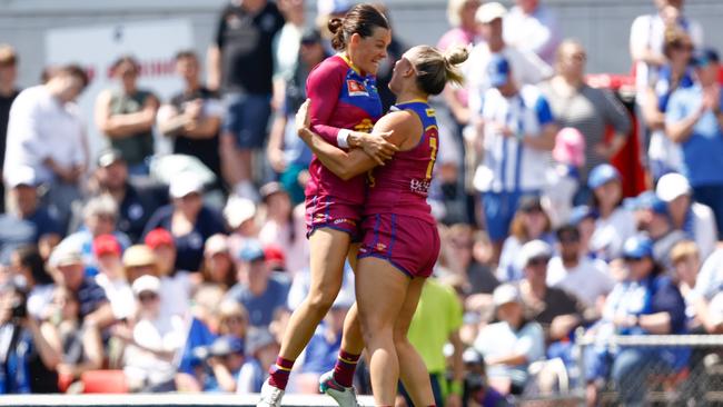 Sophie Conway and Ellie Hampson celebrate a Brisbane goal. Picture: Getty Images