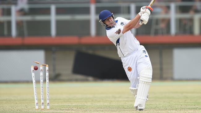 Kookaburra Cup cricket - Burleigh vs Alberton Ormeau at OzStrength Oval, Christine Ave, Burleigh Waters. Alberton Ormeau batting. Shane Connors is bowled by Lackie O'Keefe (sequence 1of 3)Picure: Lawrence Pinder