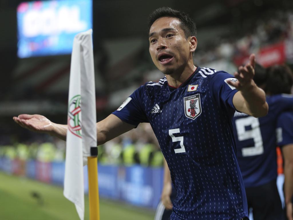 Japan's defender Yuto Nagatomo celebrates after Genki Haraguchi scoring his side's third goal during the AFC Asian Cup semifinal soccer match between Iran and Japan at Hazza Bin Zayed Stadium in Al Ain, United Arab Emirates, Monday, Jan. 28, 2019. (AP Photo/Kamran Jebreili)