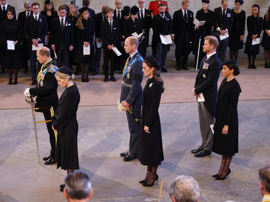 Prince Edward, Earl of Wessex and Sophie, Countess of Wessex, Prince William, Prince of Wales, Kate, Princess of Wales, Prince Harry, Duke of Sussex, Meghan, Duchess of Sussex and Peter Phillips follow the coffin of Queen Elizabeth II into Westminster Hall. Picture: Getty Images.