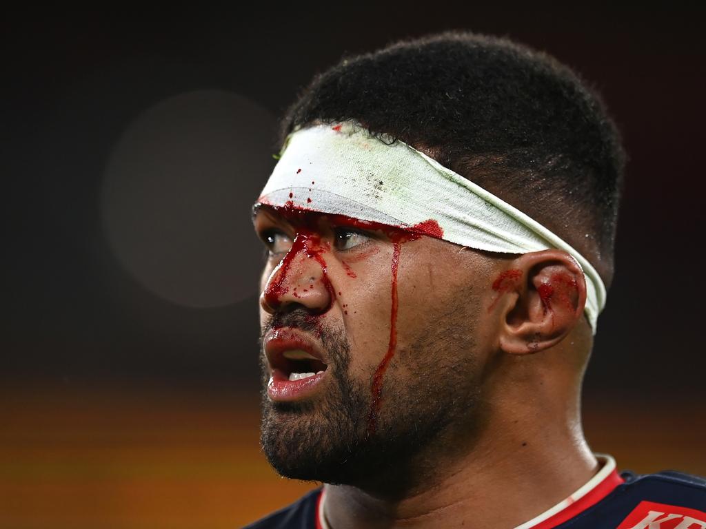 A boody Jordan Uelese reacts at the final siren after his Rebels’ loss to Queensland. Picture: Getty Images