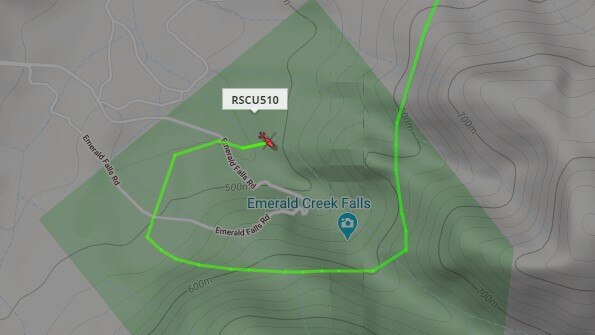 A screenshot showing the flight path of the Rescue 510 helicopter during the rescue of a man who fell at Emerald Creek Falls on Saturday.