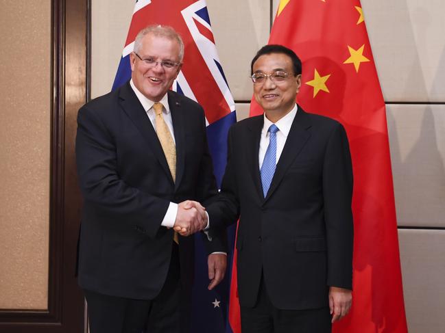 Australian Prime Minister Scott Morrison shakes hands with Premier of the People's Republic of China Li Keqiang during a bilateral meeting ahead of the ASEAN Summit in Bangkok, Thailand last year. Picture: AFP