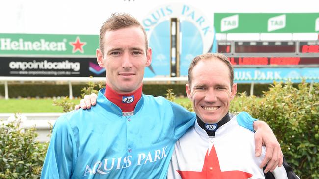 Gold Coast race meeting  The Gold Coast Turf Club at Bundall.  Jockeys Ryan Plumb and Dan Griffin in the mounting yard before the first race. Picture: Lawrence Pinder