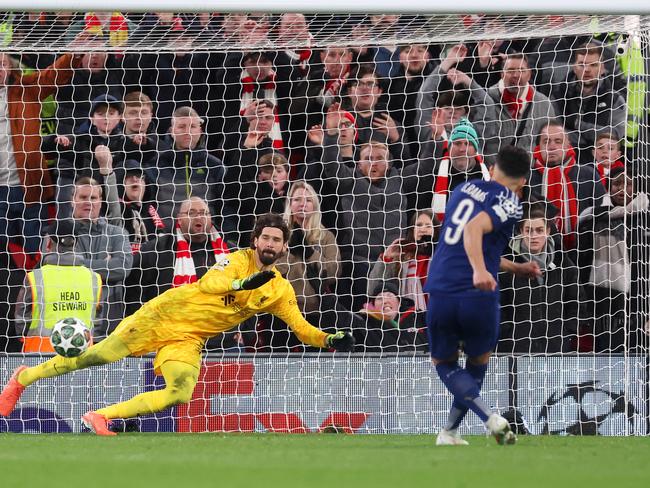 PSG’s Goncalo Ramos scores his side's second penalty in the shoot out past Liverpools’ Alisson Becker. Picture: Julian Finney/Getty Images