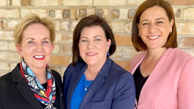 The LNP's new candidate for Gaven Kirsten Jackson (centre) pictured with Ros Bates and LNP leader Deb Frecklington. Photo: Facebook.