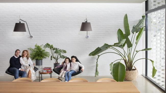 Glasshouse Projects architect Don Iannicelli, his wife Sharon and children Cruz, 9, and Arden, 7, in their beautiful new home. Picture: Peter Hoare.