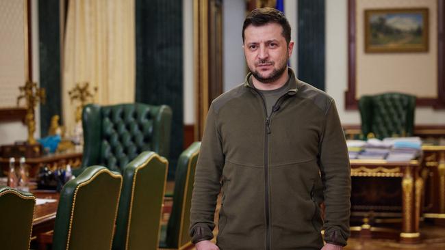 Ukrainian President Volodymyr Zelensky during a video address. Picture: UKRAINIAN PRESIDENTIAL PRESS SERVICE / AFP.