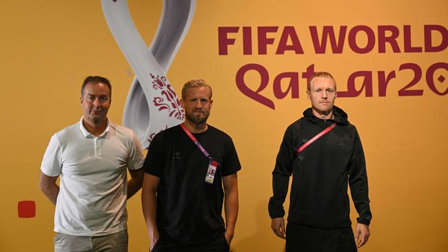 Denmark's coach Kasper Hjulmand, Denmark's goalkeeper Kasper Schmeichel, and Denmark's defender Simon Kjaer at the World Cup. Picture: AFP