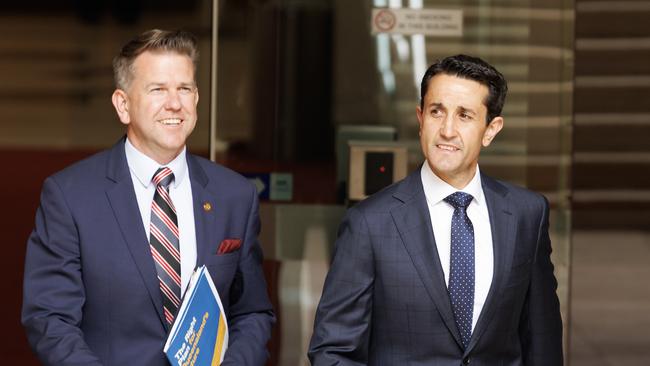 Mr Crisafulli gets down to work with deputy Jarrod Bleijie at Queensland’s Parliament House on Sunday. Picture: Lachie Millard